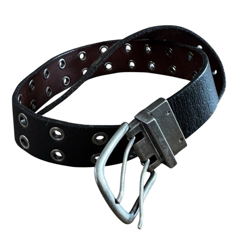 Kid’s Black/Brown Genuine Leather Reversible Belt Silver Buckle 2 Row Grommets